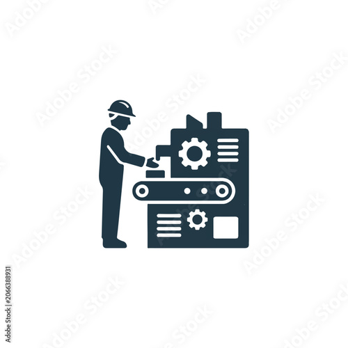 Factory worker operating machinery on a conveyor belt in industrial setting