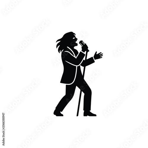 Black silhouette of a rock singer performing with a microphone