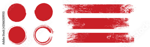 Straight red ink vector lines pack. Bloody color long and round hand-drawn brushstroke text highlights  frames  circles. Asian calligraphy brushstroke set.