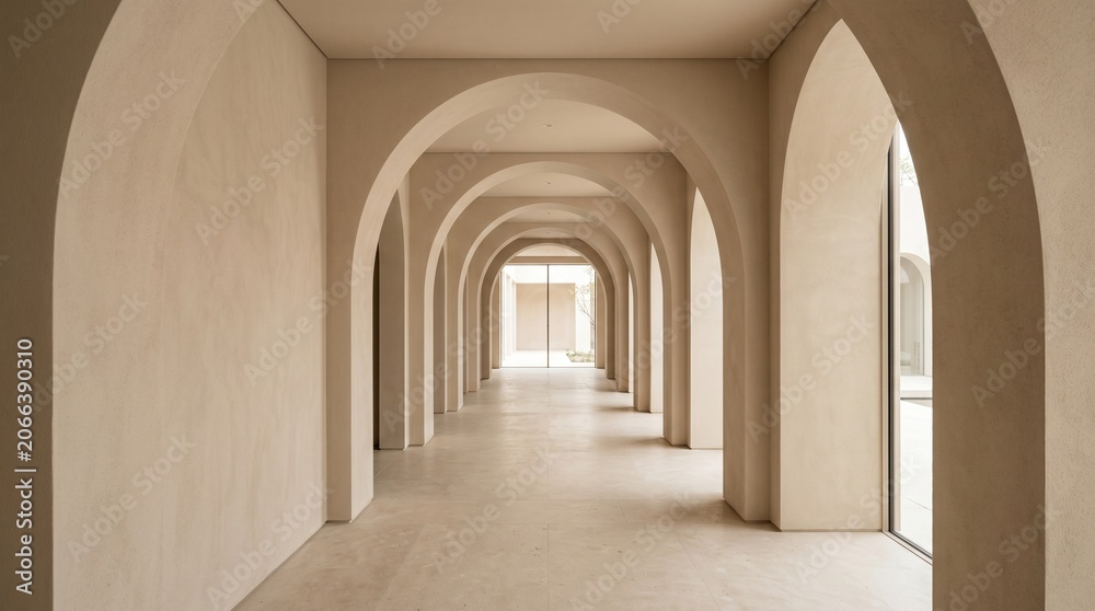 Fototapeta premium Minimalist modern architectural hallway with symmetrical beige arches and soft lighting perspective
