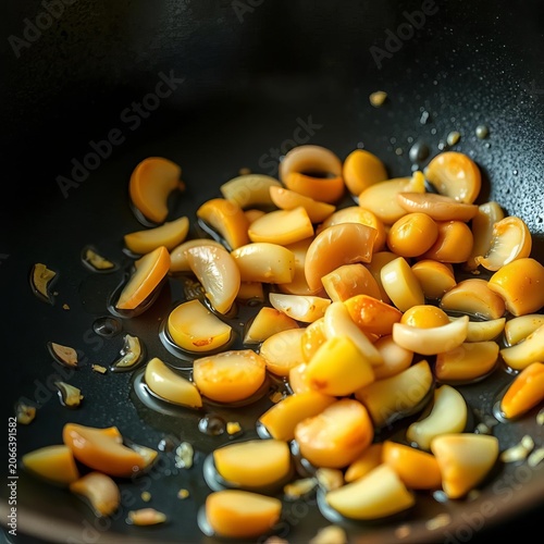 Ginger slices and garlic cloves sizzling in a wok, wok, sizzle
