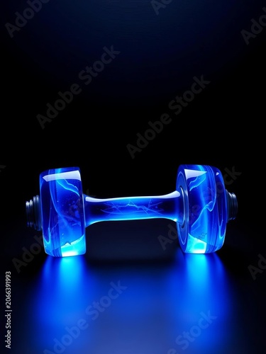 Sleek blue crystal dumbbell with vibrant glow against black background, lighting, beauty
