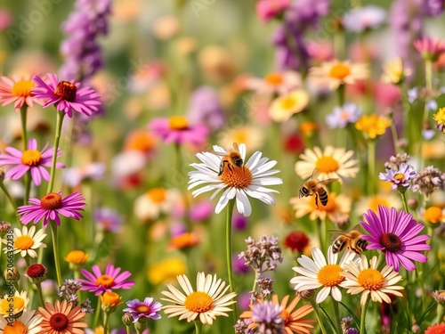 Vibrant floral border with bees sipping nectar among meadow flowers, meadow, wildflowers