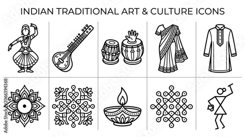 Set of Traditional Indian Cultural Icons and Symbols.