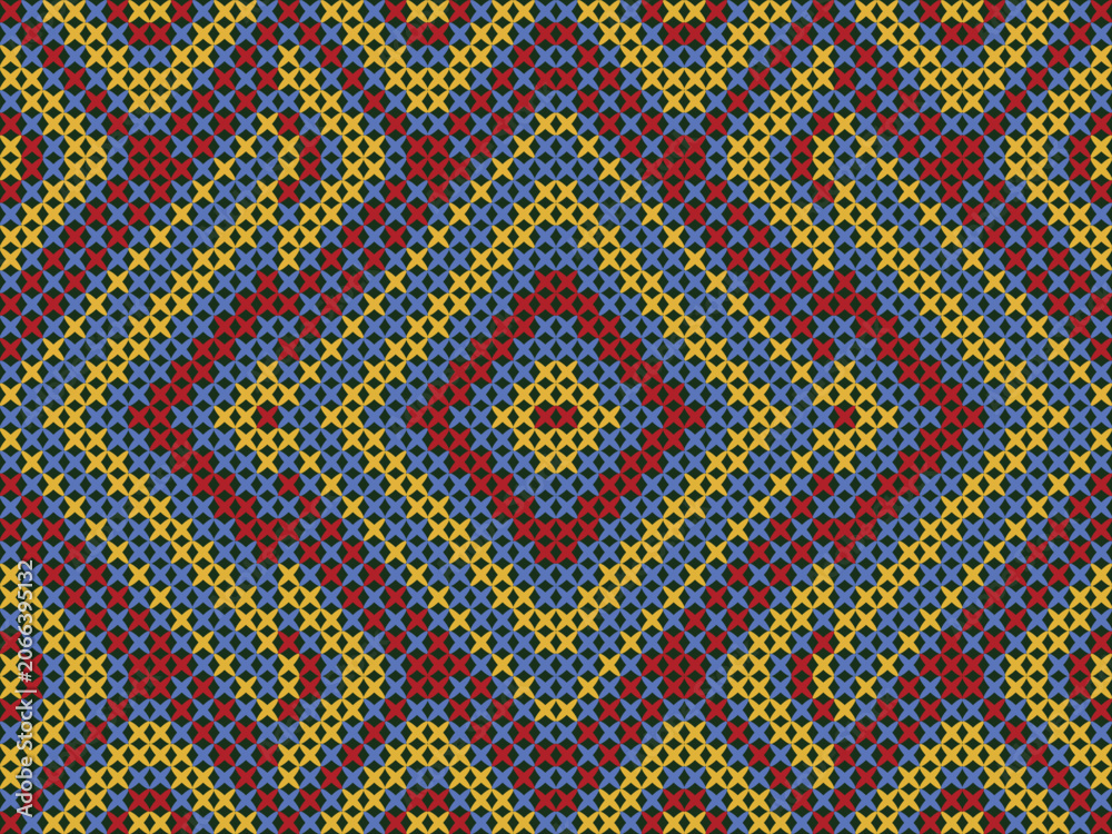 Fototapeta premium Colorful knit pattern with layered diamond motifs and geometric symmetry in blue, yellow, and red. Ideal for sweaters, scarves, blankets, cushions, and fashion textiles.