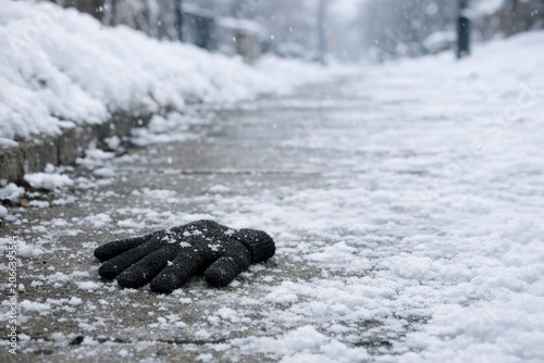 A single glove lying on a snowy sidewalk, a symbol of lost or misplaced belongings
