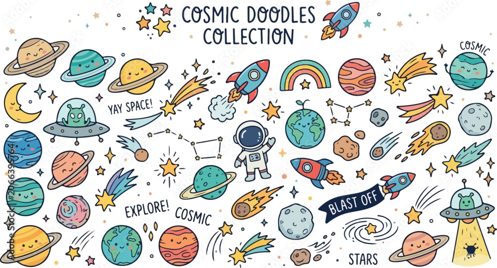 Naklejka premium Cosmic space exploration astronaut and planets colorful vector doodle set