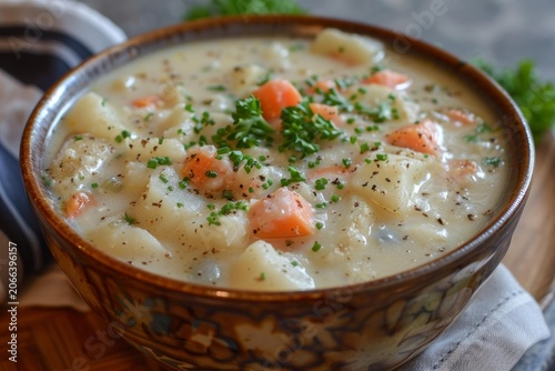 Enjoying a warm bowl of creamy potato soup garnished with fresh parsley and chives