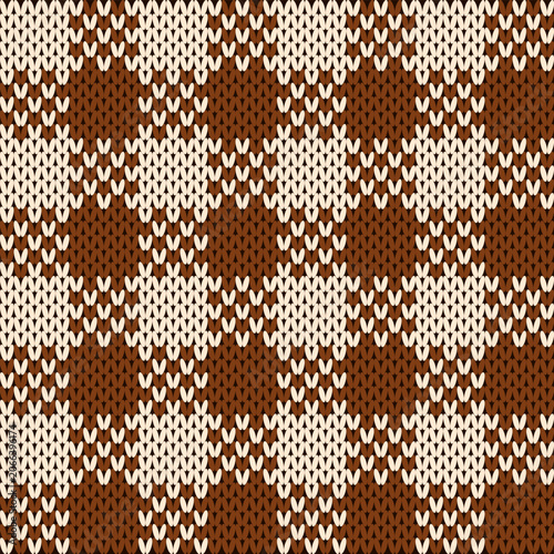 Seamless Nordic Knitting Pattern with Brown and Cream Gingham Check Ornament