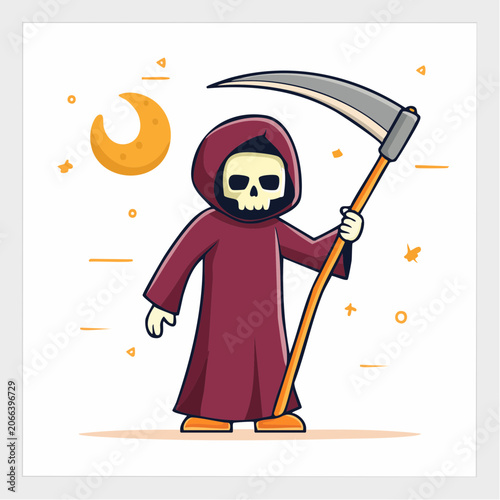 Cute Grim Reaper with Scythe and Moon Illustration