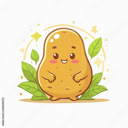 Cute Kawaii Potato Character with Green Leaves