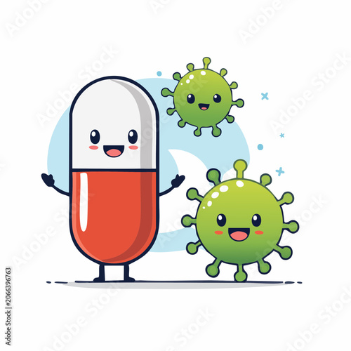 Cute Pill Character Fighting Cartoon Viruses