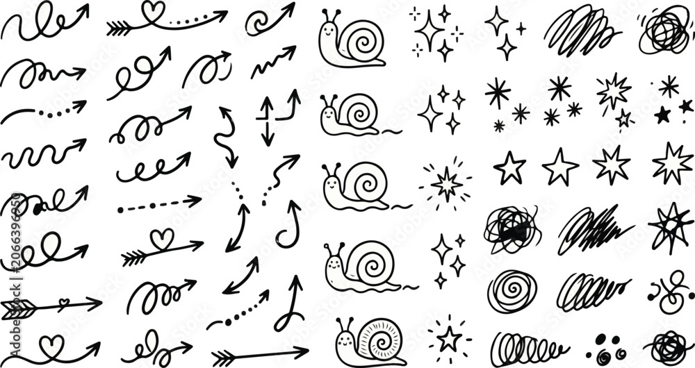 Obraz premium Hand drawn snail cartoon stars and wavy arrow doodles set