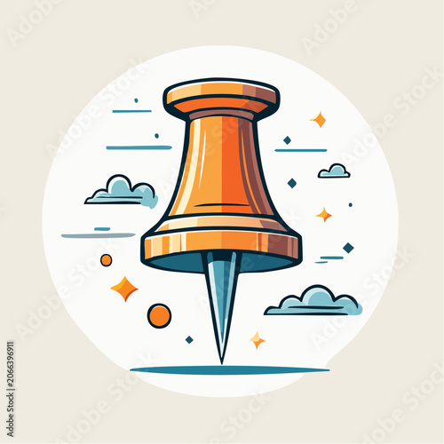 Illustration of a golden pushpin with clouds and stars