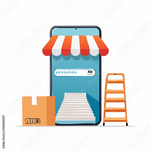 Online Shopping Concept: Mobile Store with Delivery Box and Ladder