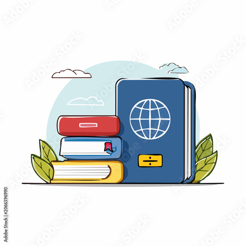 Stack of Books and Passport with Globe Icon