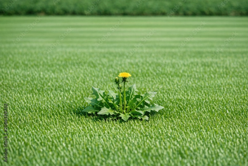 Obraz premium A lone dandelion grows in a green field, surrounded by nature