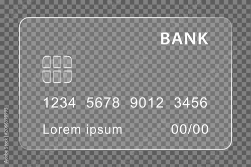 Minimalist Transparent Glass Credit Card Template with Chip and Card Details Isolated on Checkered Background