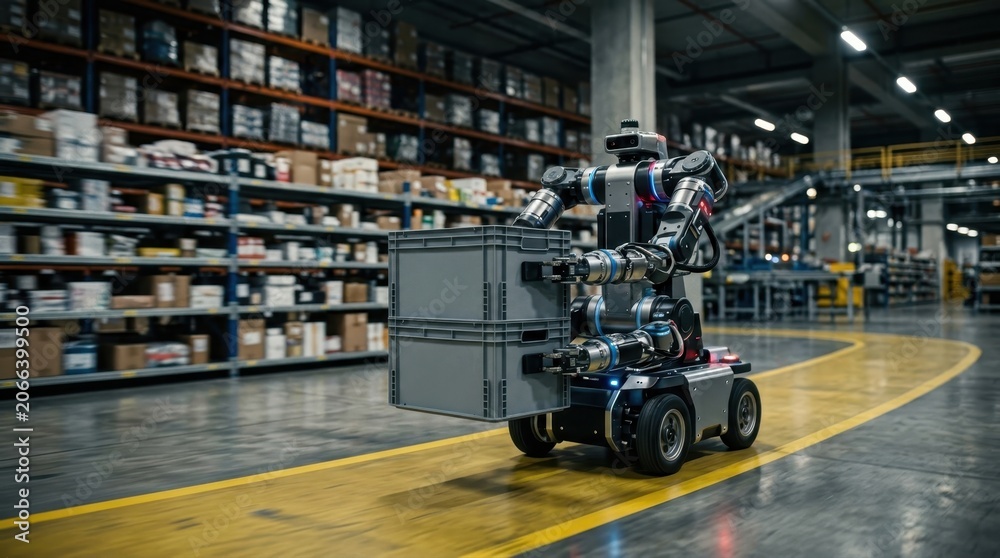 Fototapeta premium Autonomous humanoid robot carrying storage crates in a modern warehouse