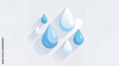 Isometric illustration of blue water drops on a light gray background with shadows
