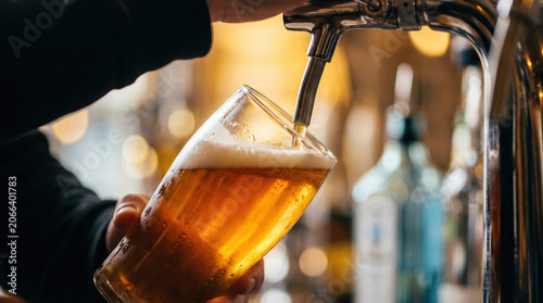 Draft beer pouring into glass from tap in pub bar, fresh golden beverage with foam, closeup of bartender serving alcohol drink.