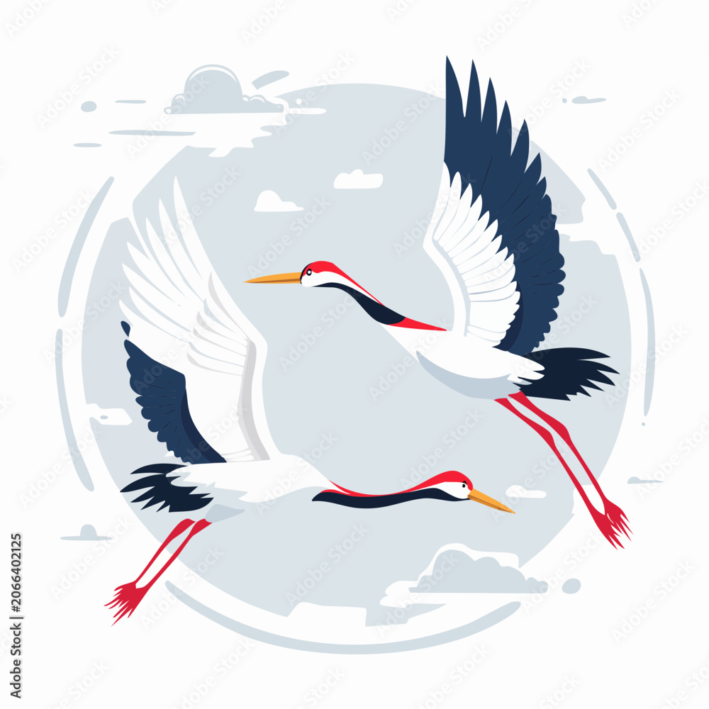 Fototapeta premium Two Cranes Flying in the Sky