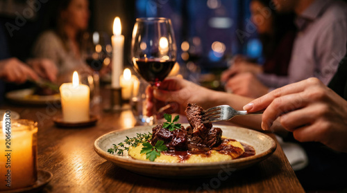 Dinner party with delicious beef steak and mashed potatoes on plate, person eating with fork, red wine and candles on table.