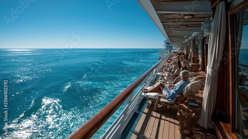 Passengers Relaxing on Cruise Ship Deck Overlooking Ocean