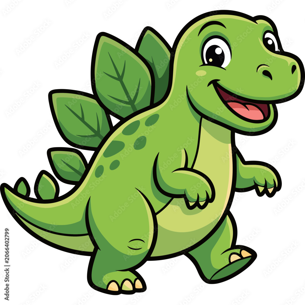 Fototapeta premium A cheerful cartoon dinosaur with green leaves on its back happily runs outside
