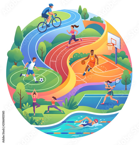 Colorful Multi Sport Arena Landscape Illustration with Running Cycling and Basketball
