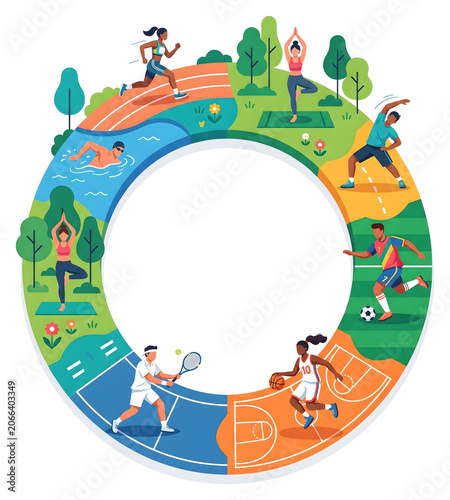 Circular Outdoor Sports Recreation Illustration with Tennis Running Cycling and Soccer