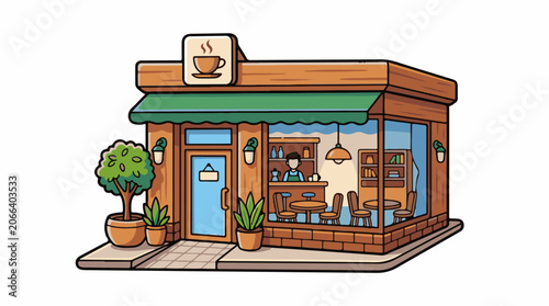 A quaint cartoon coffee shop with a green awning and wooden exterior