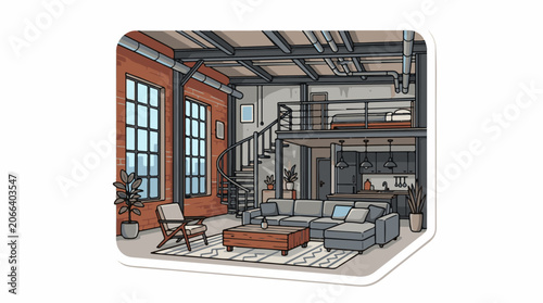 A modern, open-plan living space with industrial elements and loft