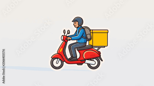 A man in a blue jacket rides a red scooter with a yellow delivery box