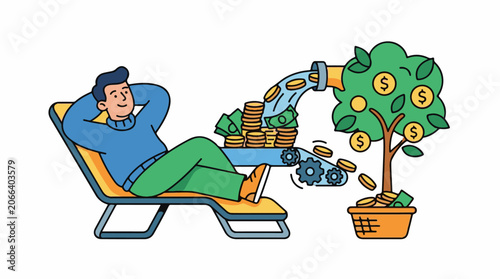A man relaxing in a chair as a machine deposits money into a potted tree