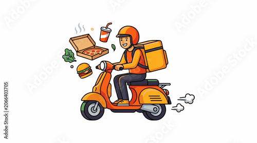 A delivery person rides an orange scooter with food items