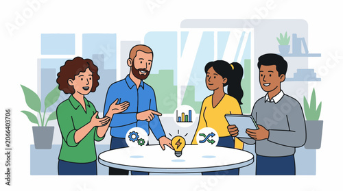 A diverse group of four people stand around a table with a lightbulb and gears