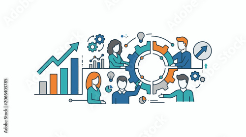A colorful infographic depicting a team working together