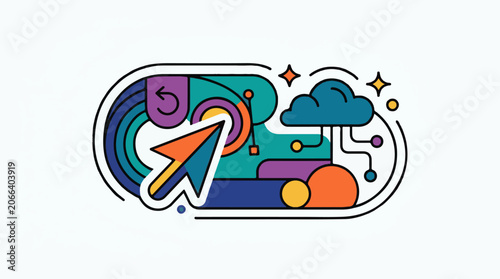 A colorful graphic illustration of a rocket launching into a cloud