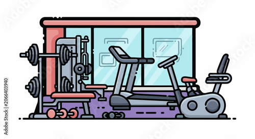 A colorful gym interior with exercise equipment