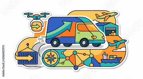 A colorful graphic depicting various modes of transportation