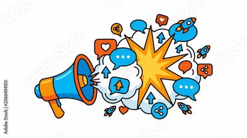 A cartoon megaphone with colorful speech bubbles and rockets