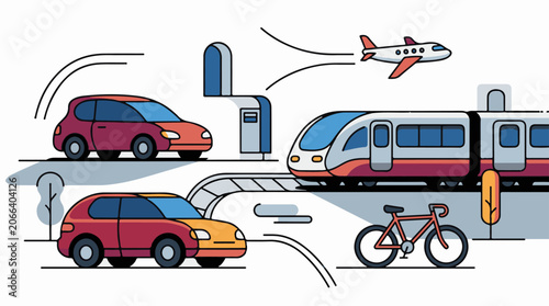 A cartoon illustration of various transportation modes on and near a train platform