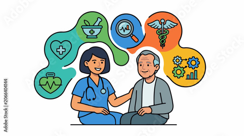 A cartoon image of a nurse and patient surrounded by six colorful medical icons