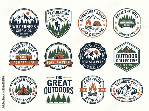 Colorful outdoor adventure and camping badge collection.