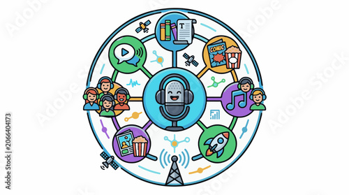 A cartoon illustration of a microphone surrounded by various media and communication icons