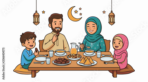 A cartoon family of four enjoy a meal together at a wooden table with food and drinks