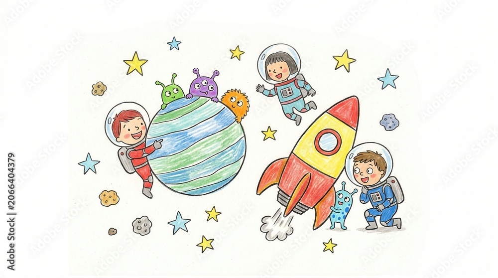 Fototapeta premium Young astronauts and various friendly aliens interact near a planet and a rocket in space
