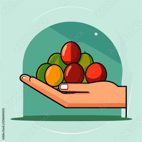 A hand holding a pile of colorful fruits