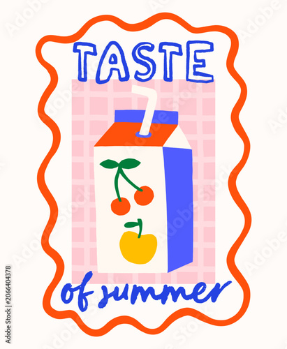 Summer juice vector print design. Bright tropical exotic illustration of fruit drink in wavy frame. Taste of summer
